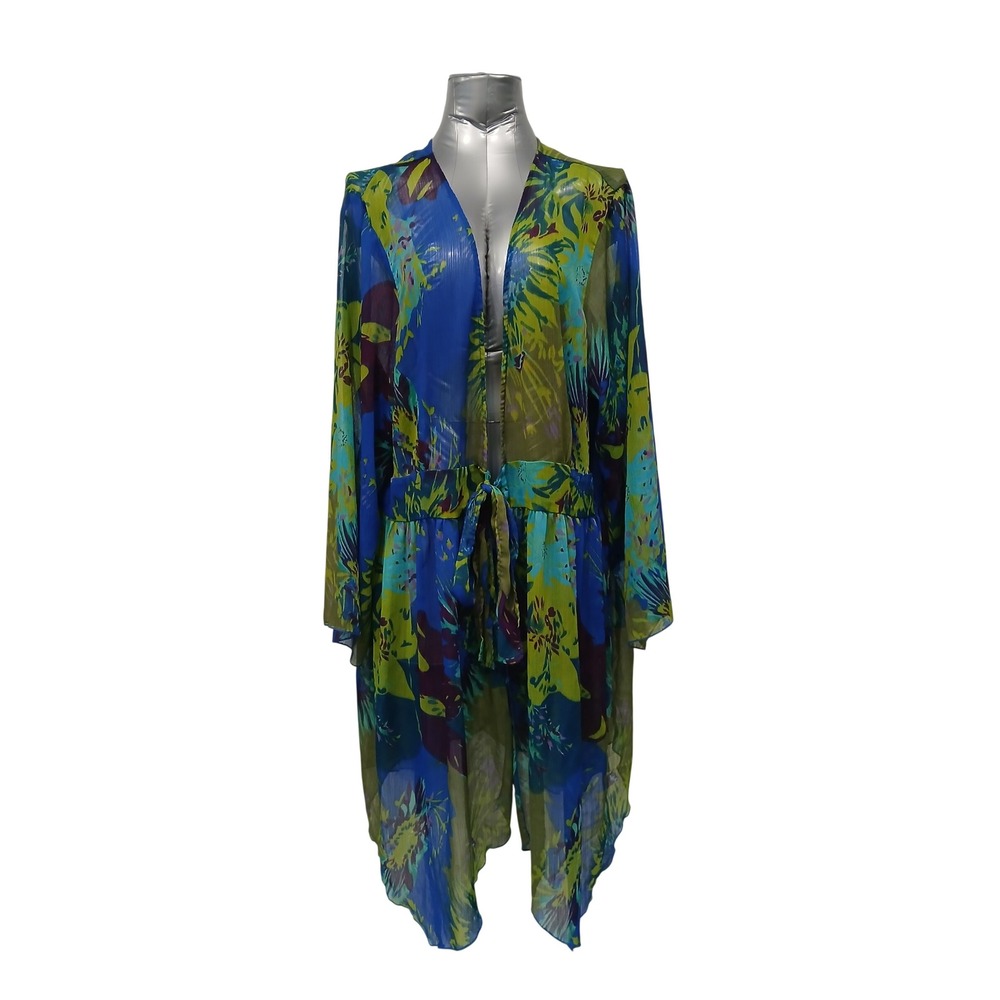 Vintage Y2k Blair Womens Tropical Floral Sheer‎ Kimono Jacket Tie Front Smocked